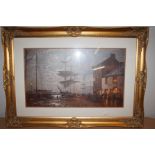 Large gilt framed print depicting dock scene