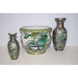 2 Chinese vases & a planter