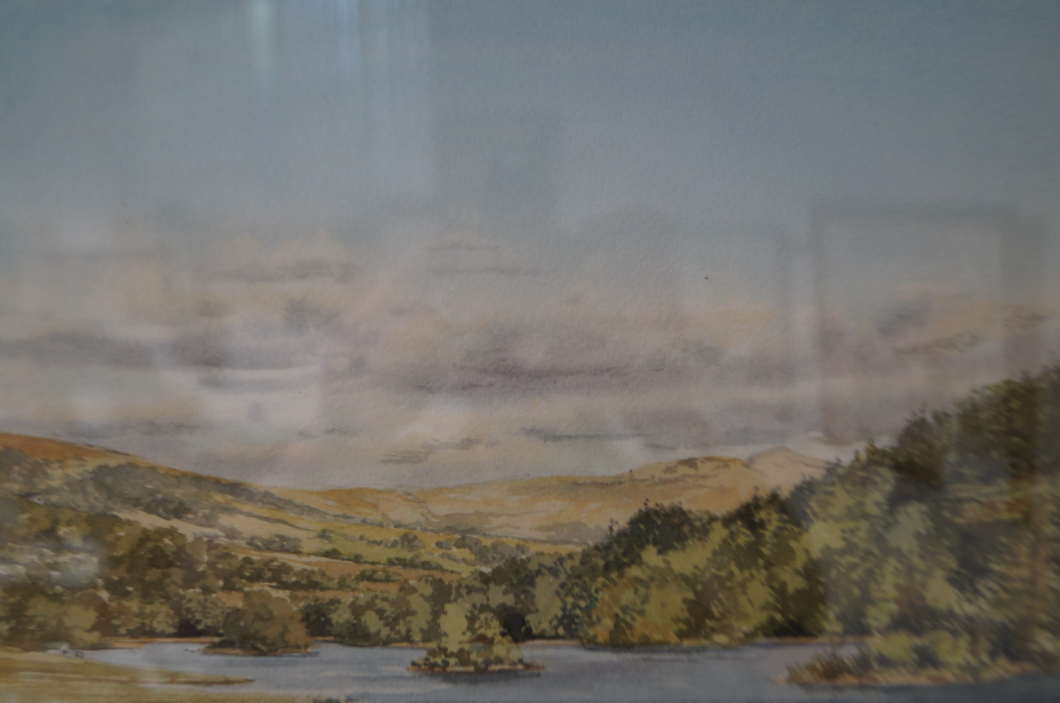 Framed watercolour lake scene titled rydal water s