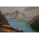 Framed oil on canvas mountain & lake scene