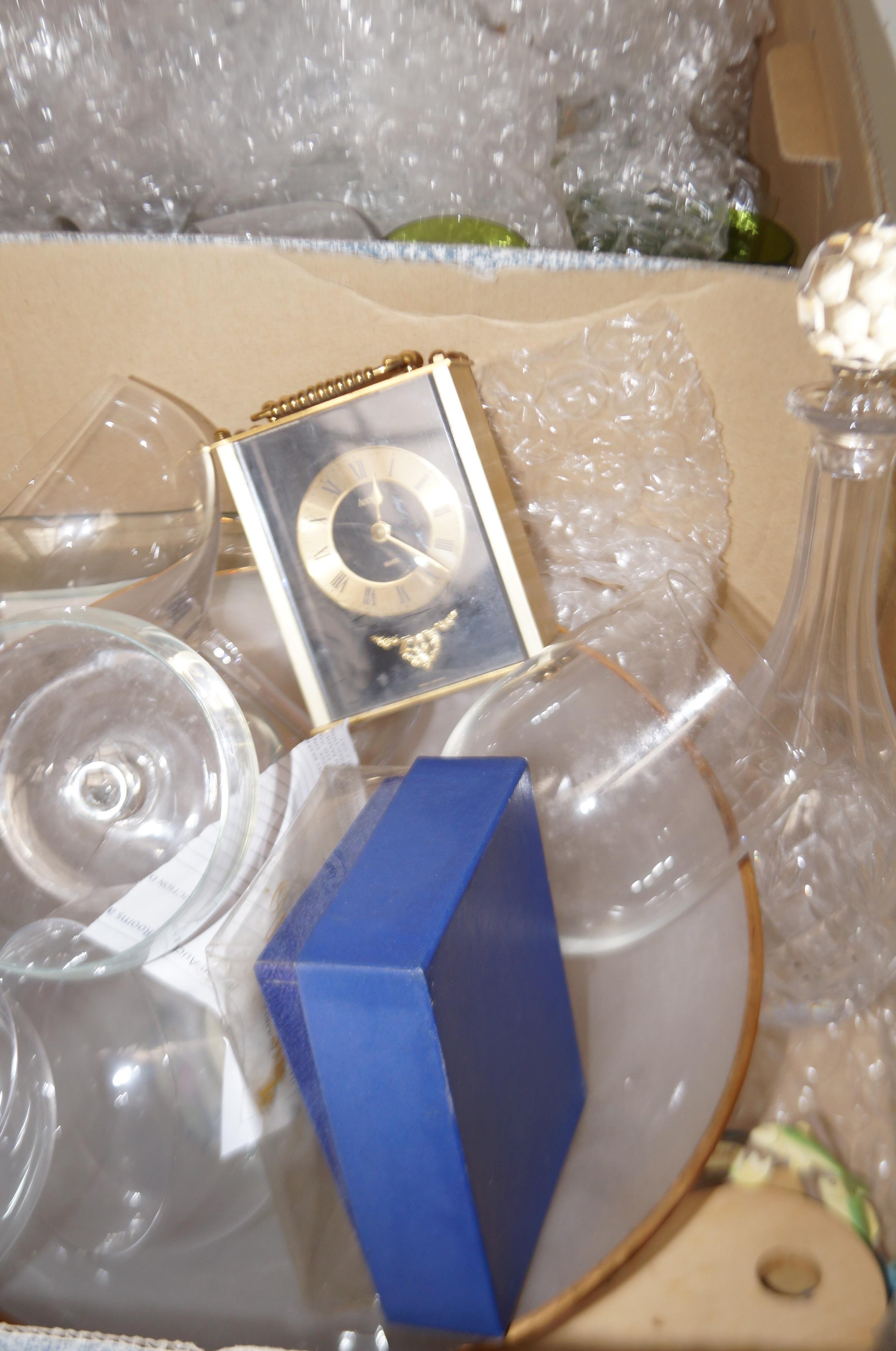 2 Boxes containing glass ware, carriage clock & de