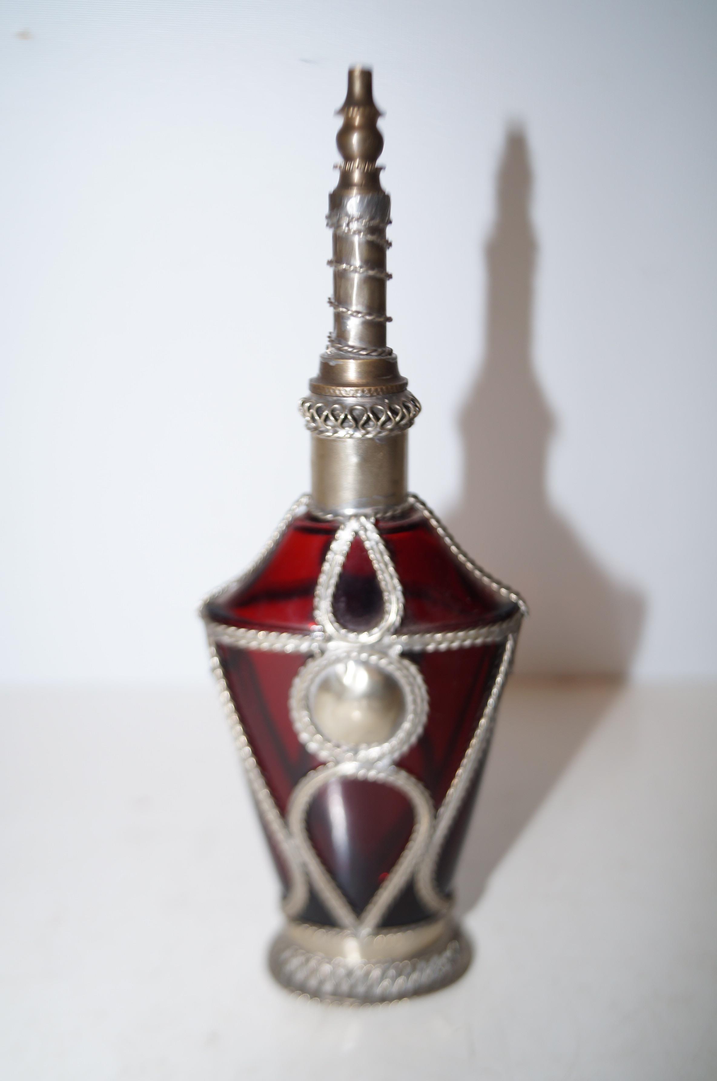 Unusual white metal mounted cranberry glass scent