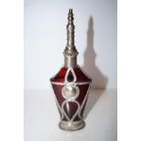 Unusual white metal mounted cranberry glass scent