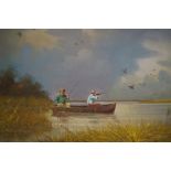 Framed oil on board depicting duck hunting scene s