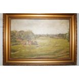Gilt framed oil on canvas depicting farm with catt