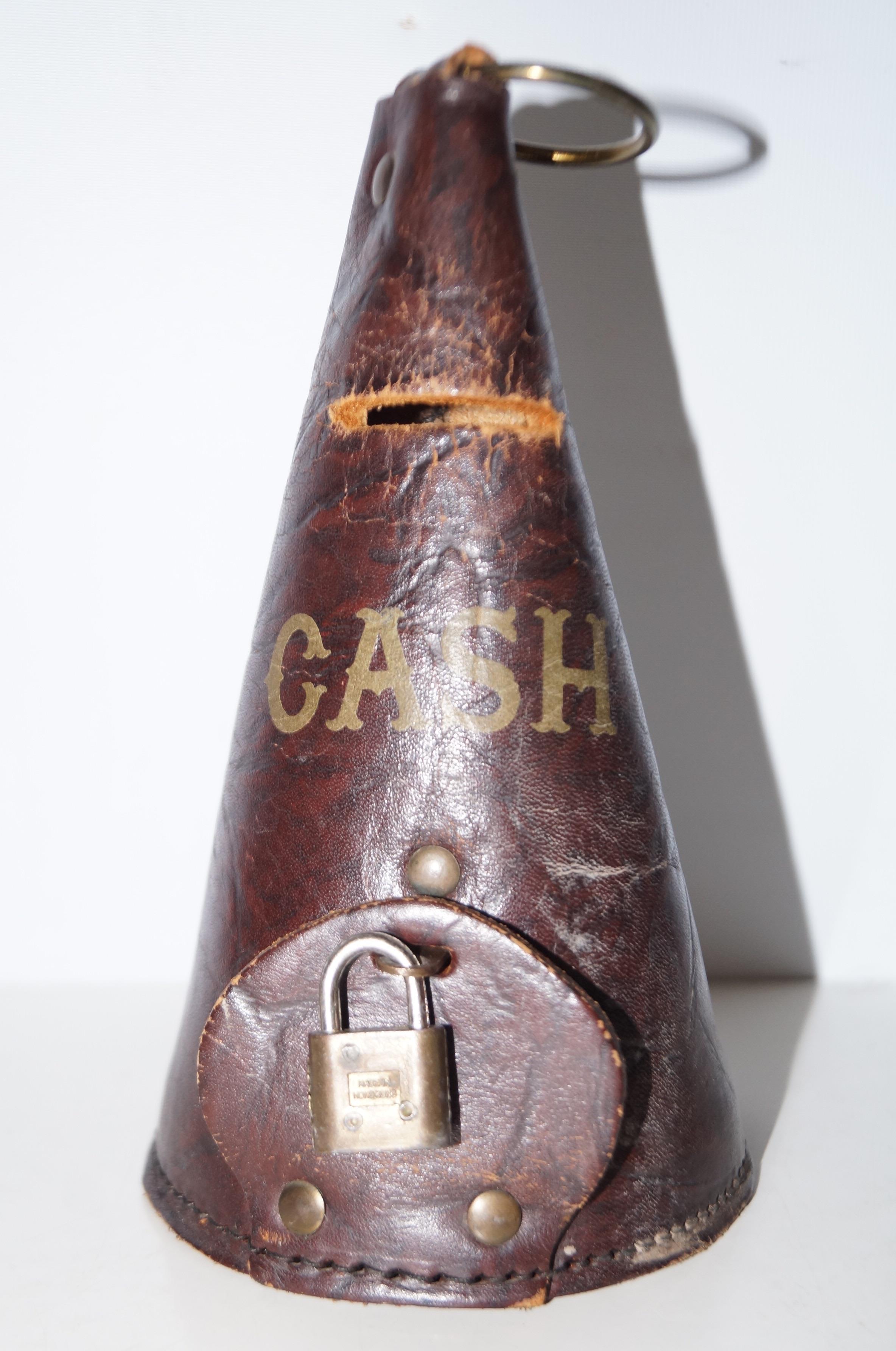 Vintage leather cash pouch Height 20 cm