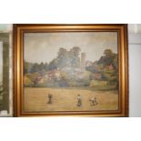 Gilt framed oil on canvas depicting farm with work