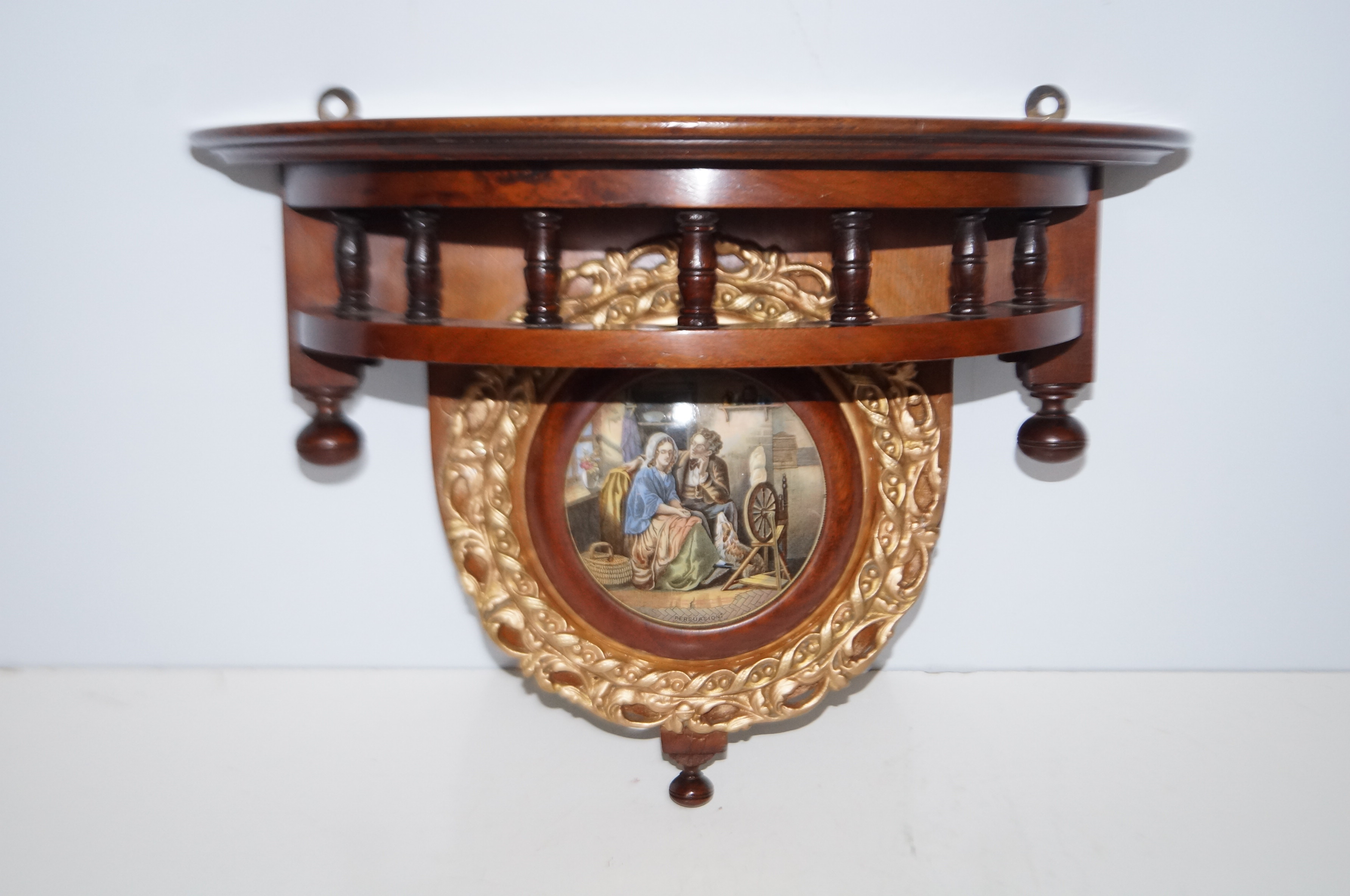 Mahogany wall shelf with prattware lid plaque Heig