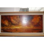 Large framed oil on board beach scene with structu