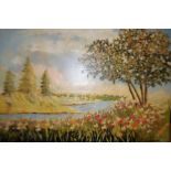 Large framed oil canvas 'summer bliss' signed Y. P