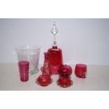 Group of early cranberry glass ware together with