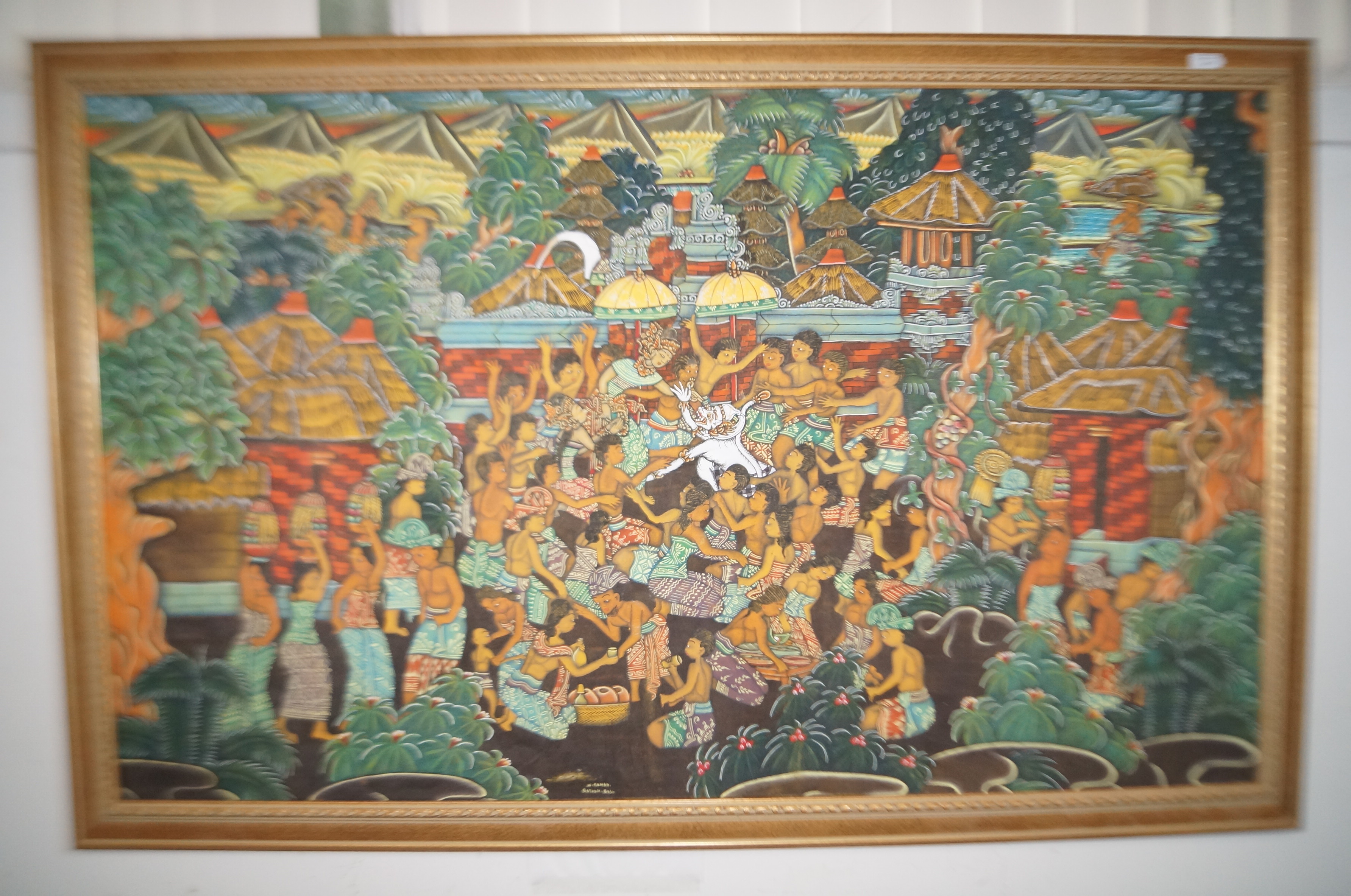 Large Balinese painting on fabric, signed W. Rowan height 79cm by 133cm