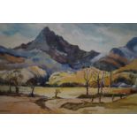 Framed watercolour mountain & farm scene signed Jo