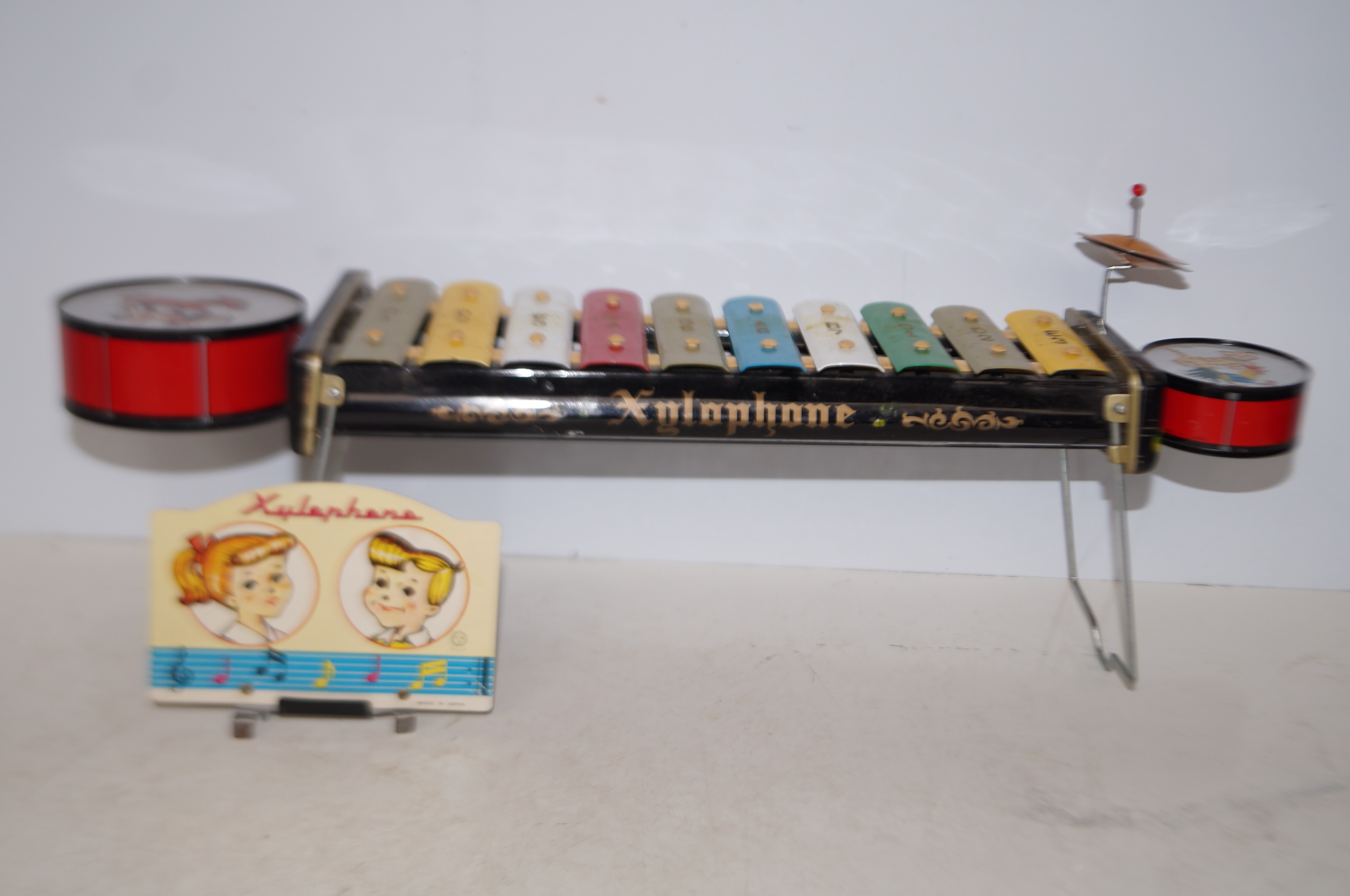 Vintage tin plate xylophone, drum & symbol set