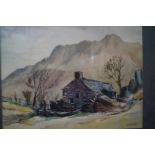 Framed watercolour mountain & farm scene signed Jo