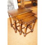 Solid oak nest of 3 tables with turned & blocked s