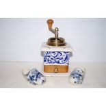 Italian blue & white coffee grinder together with