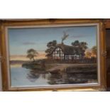 Keith Sutton Oil on Board of a cottage and lake sc