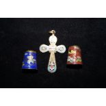 Cloisonne cross and two thimbles