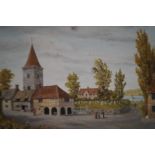 Oil on canvas church & lake scene by Gordon smith