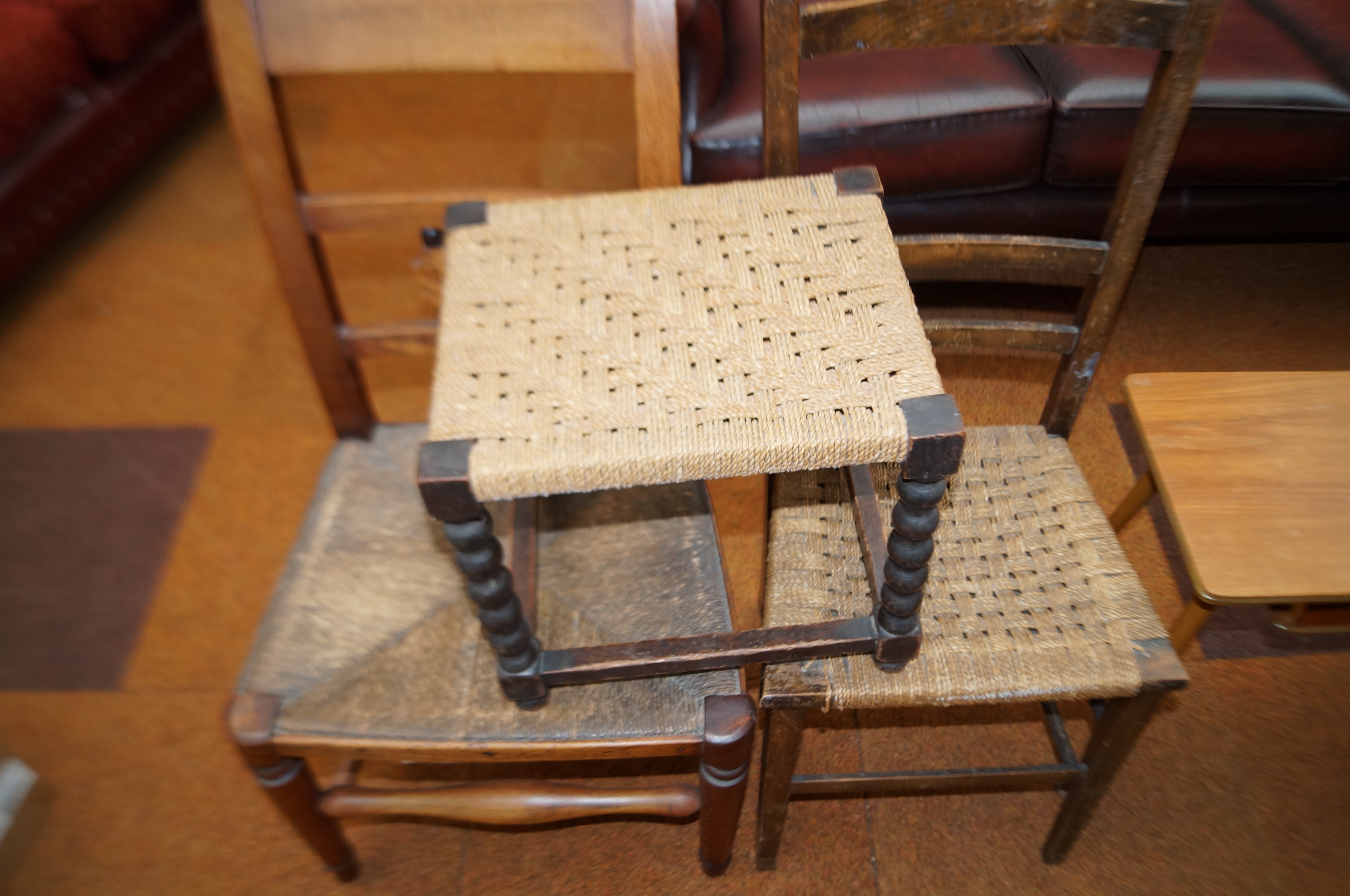 2 Rush seated chairs together with a footstool