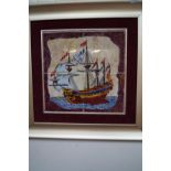 Framed 4 Italian hand made tiles galleon