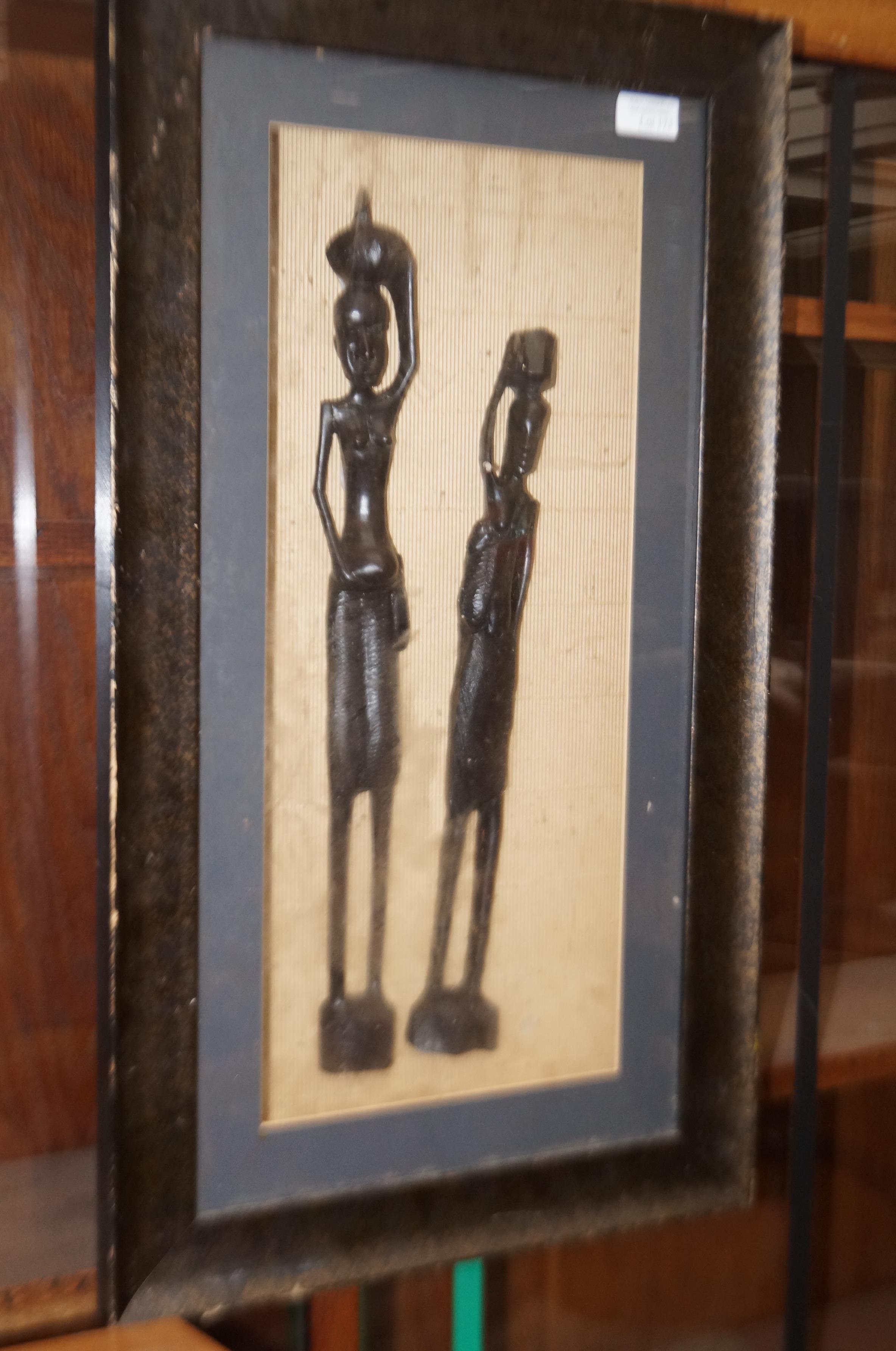 Framed & cased ethnic carved figures