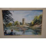Framed watercolour J. Preston lymm church & fishin