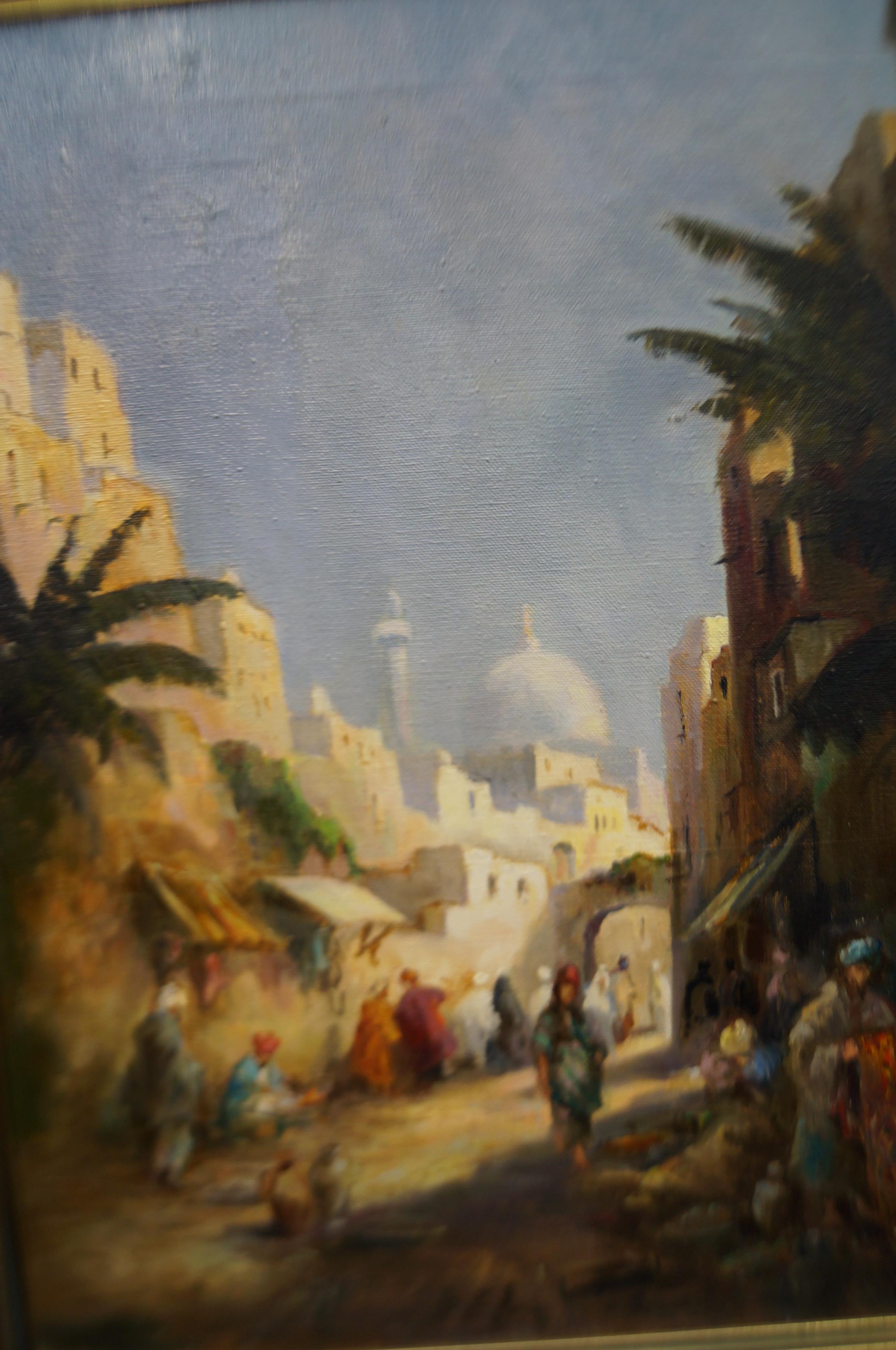 Oil on canvas middle eastern street scene 50 cm x