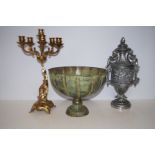 Early figural candelabra, metal lidded vase & one