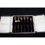 Cased set of 6 silver and enamel cocktail stick with cockerel terminals by Alexandra clarke