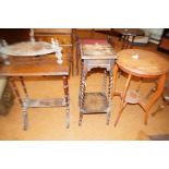 Twist leg jardiniere stand, 2 other tables & a she