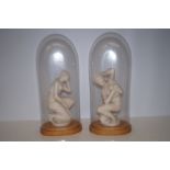 2 well card alabaster figures in large glass domes