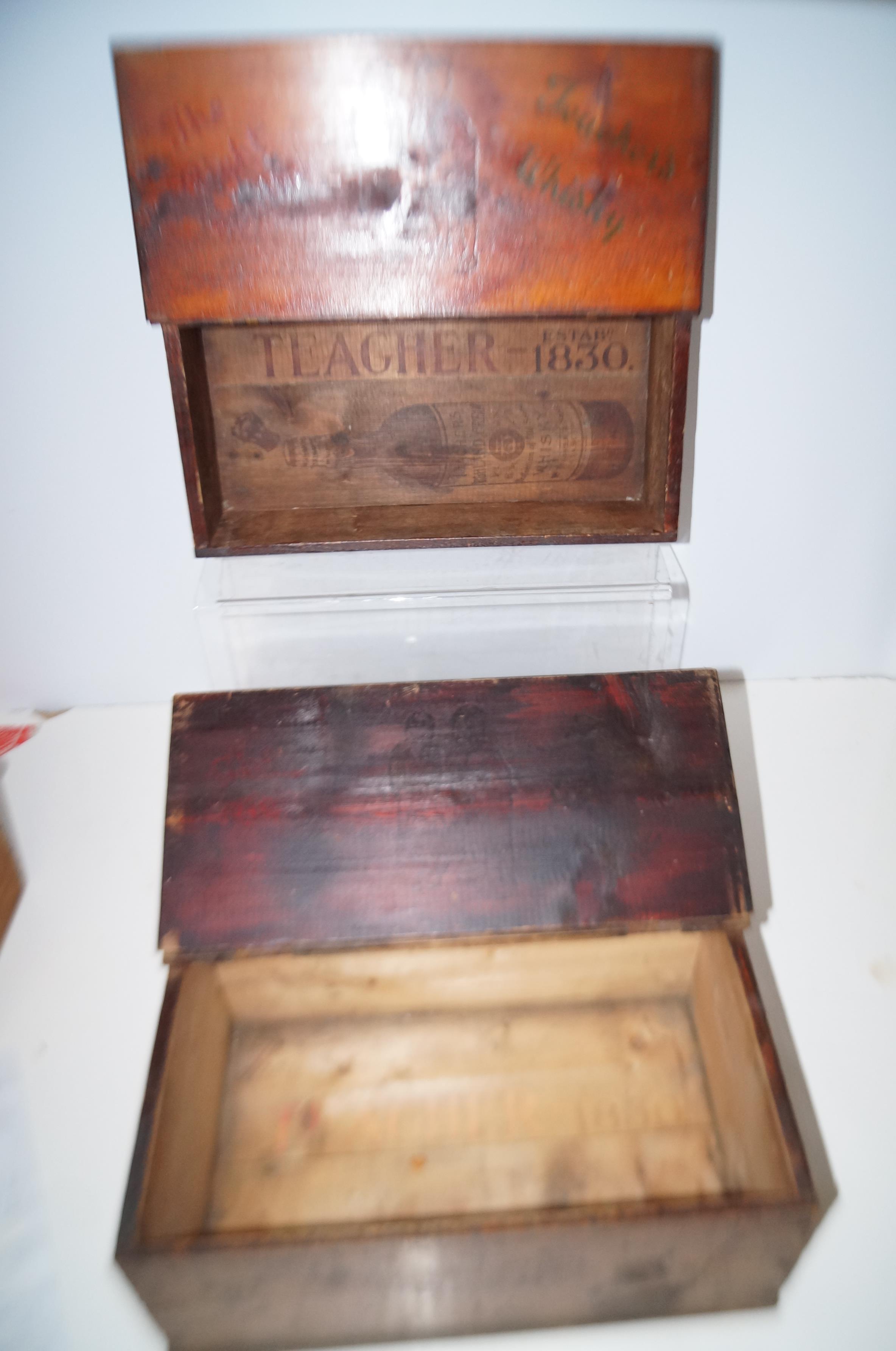 2 Vintage pine teachers whiskey boxes together wit