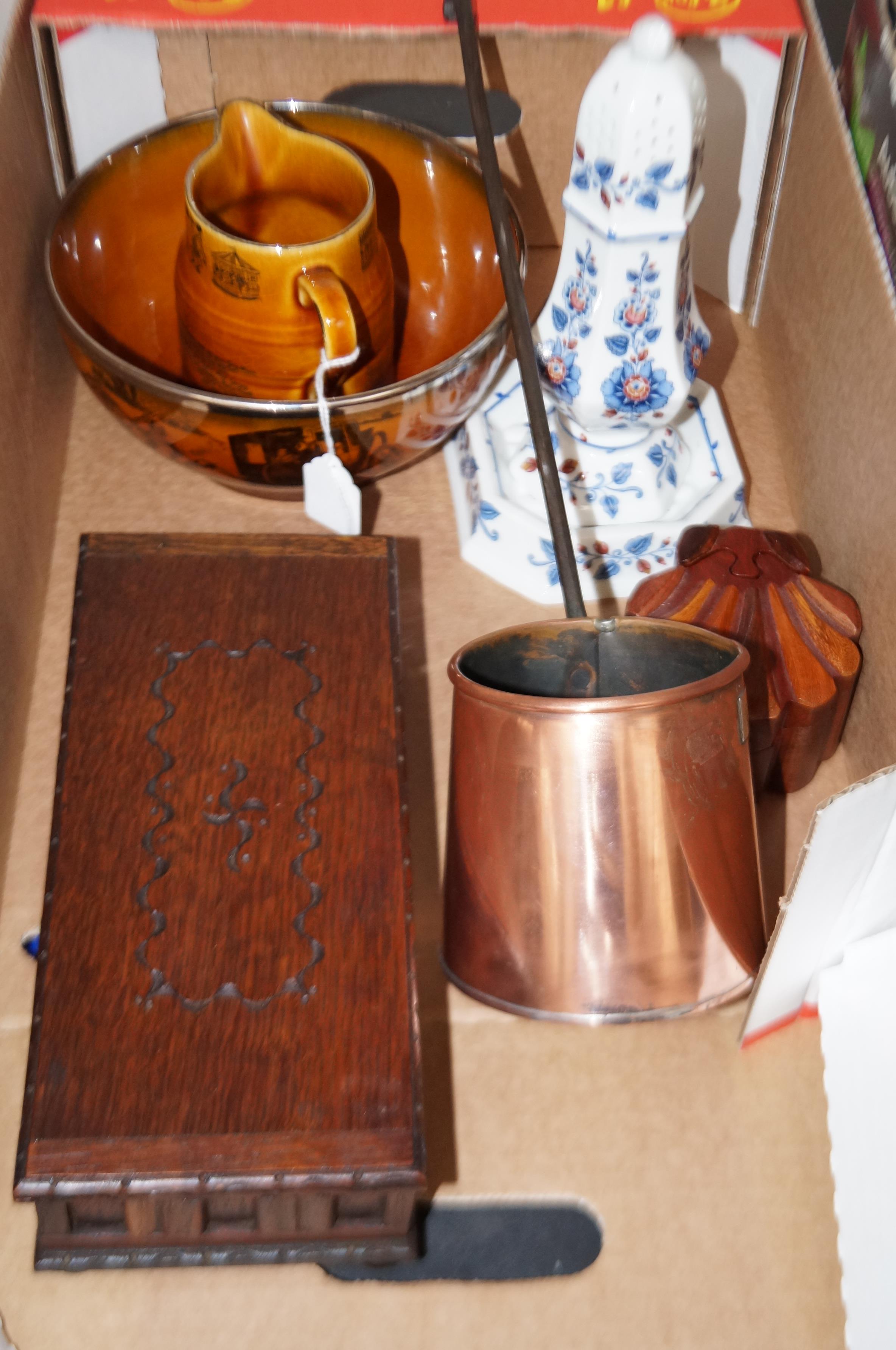 2 ornate boxes, cider measure & ceramics