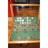 Glazed coin collectors fitted case containing a qu