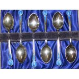 Set of 6 silver & enamel spoons, Birmingham hallma