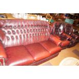 Leather Chesterfield, 2 chairs 1 being recliner