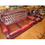 Leather Chesterfield, 2 chairs 1 being recliner