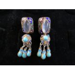 2 Pairs of Chinese silver gilt and enamel earrings, one having rose quartz, the other turquoise ston