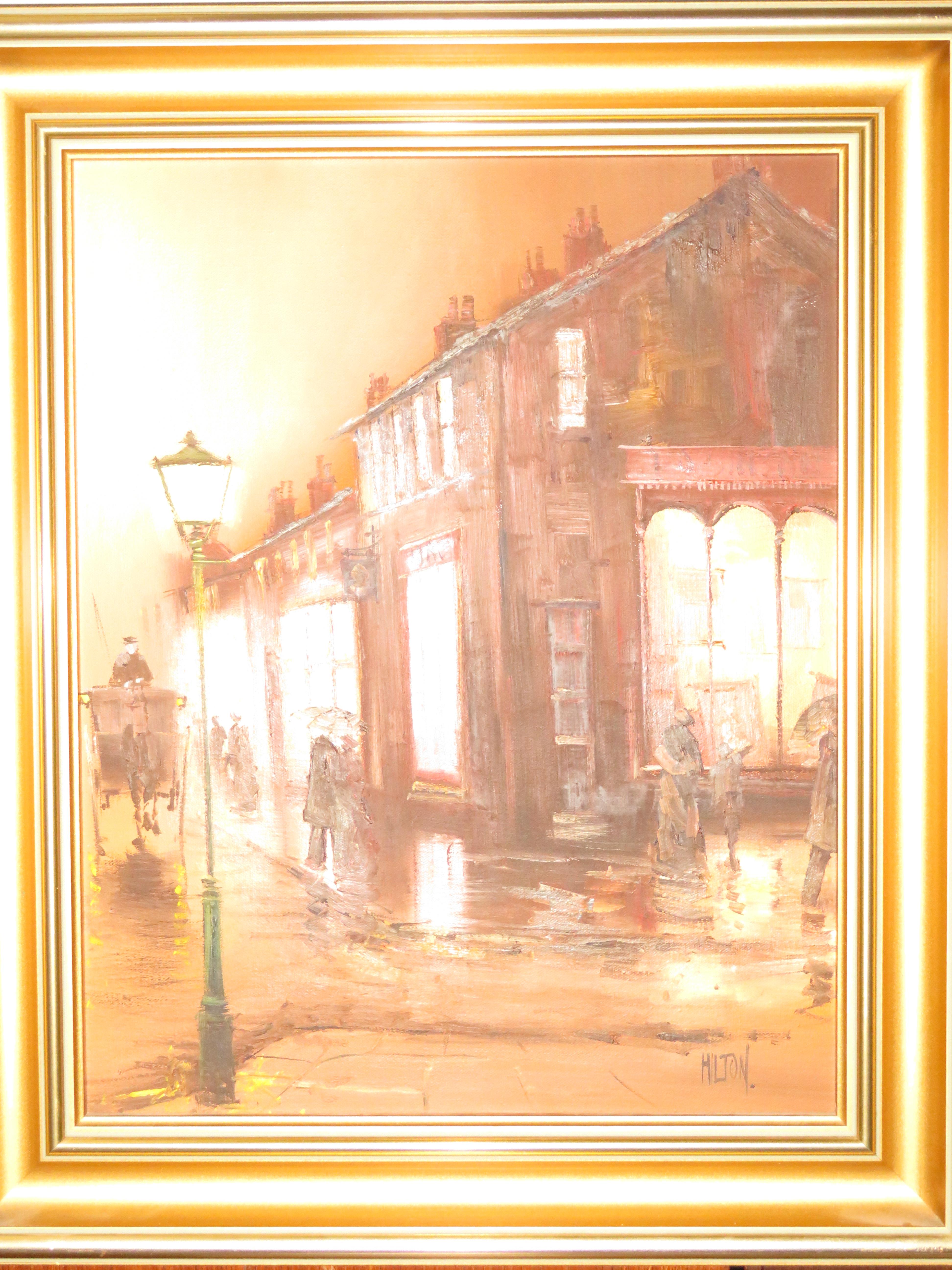 Framed oil on canvas Victorian street scene signed