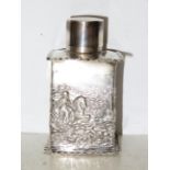 Late Victorian silver tea caddy depicting battle s