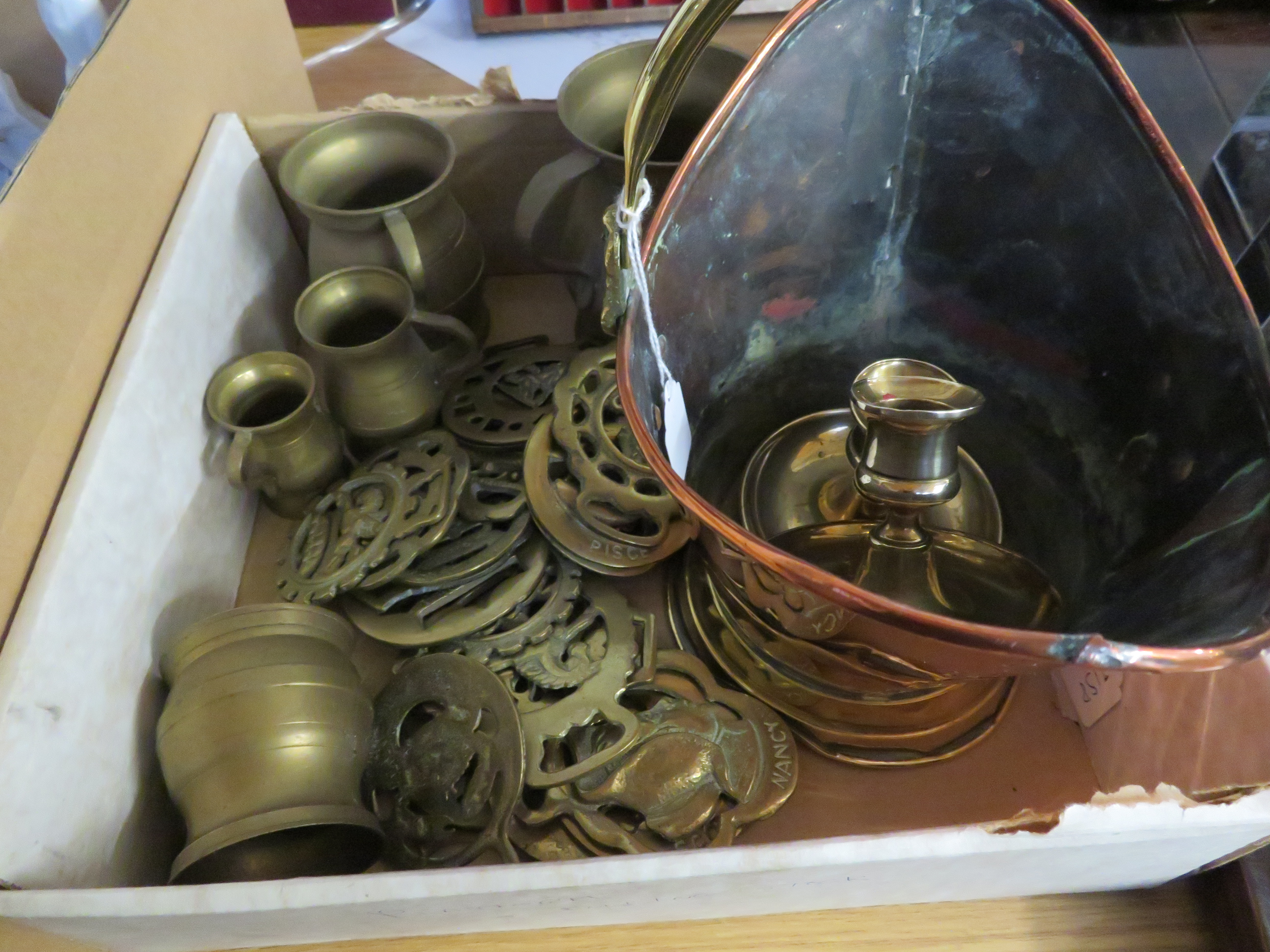 Collection of brass & copper ware to include horse