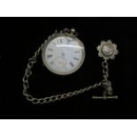 Silver pocket watch, chain & fob