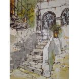 Oil on board by Bernard Defour 'balcony steps scen