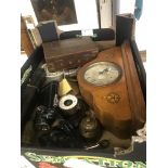 A box of various antique items to inc clocks and torches