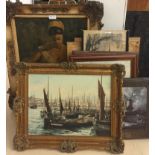 A quantity of pictures to inc a harbour scene oil, 30 x 40 cm, hunting prints,