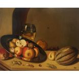 An oil on panel depicting a still life of fruit, signed with monogram lower right, H 31 x W 38 cm,