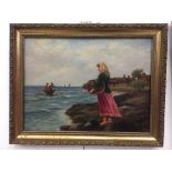 English School (19th/20th century): A coastal scene with woman looking out to sea, oil on canvas,