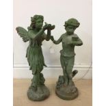 Two garden statues: a fairy and a cherub